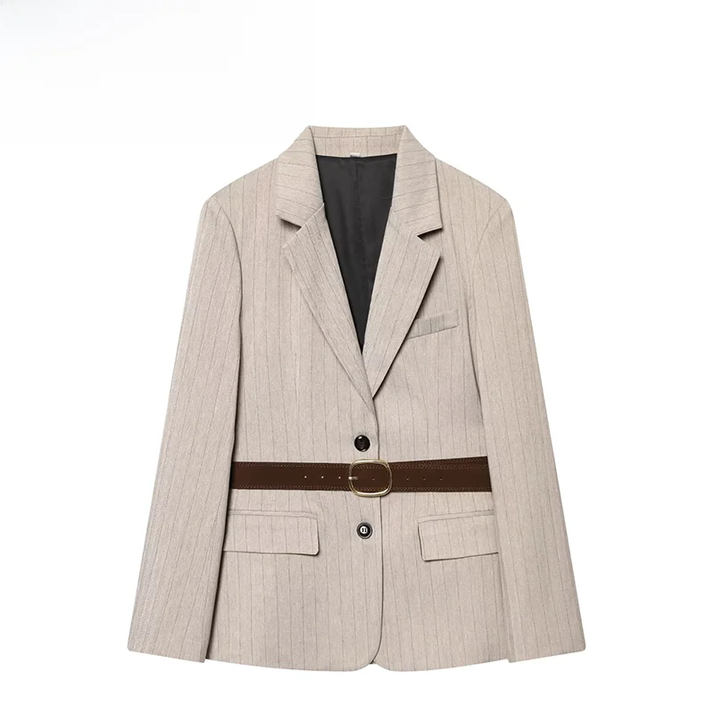 

Модный женский костюмный пиджак с длинным рукавом и поясом, весенняя новинка, с зигзагообразным узором, из полиэстера, универсальный стиль