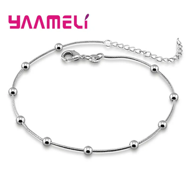 Authentic 925 Sterling Silver Smooth Surface Beads Foot Chain Simple Fine Jewelry for Women Fashion Anklet Party Gifts