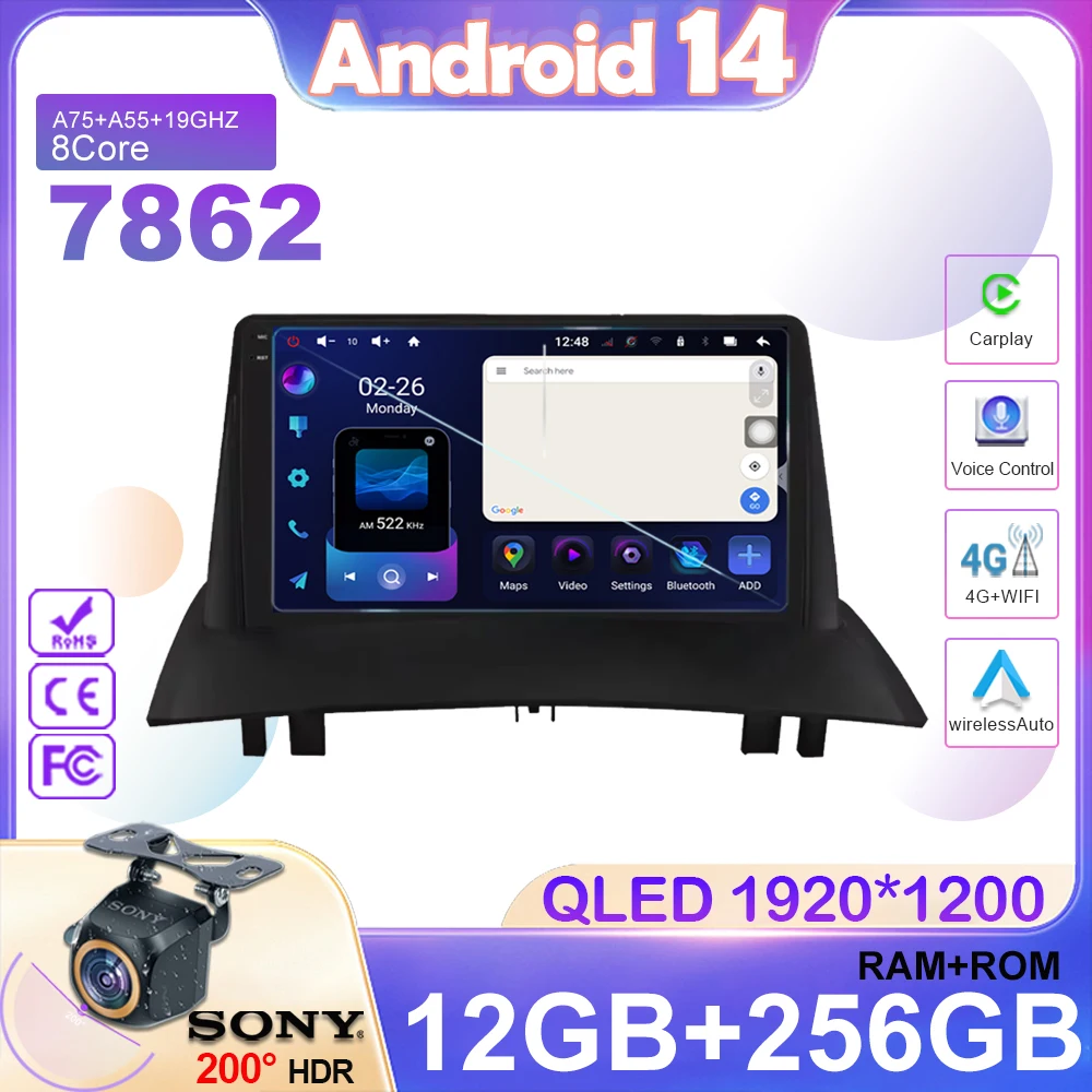 2 Din Android 14 Car Radio For Renault Megane 2 2002-2009 Multimedia Video Player Navigation GPS Carplay Auto 4G Stereo DVD IPS