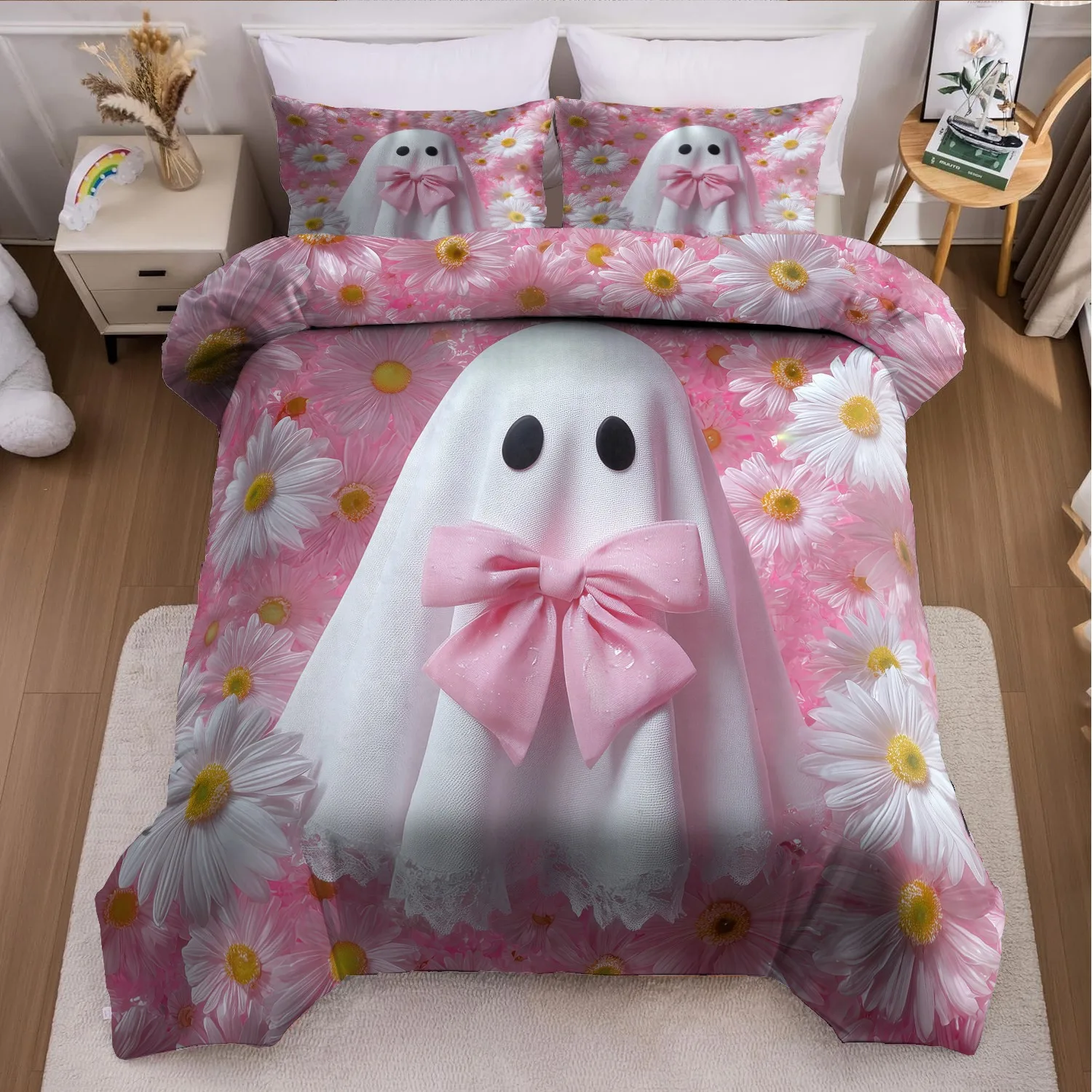 3pcs Halloween Pumpkin Monster Duvet Cover Set without Core Quilt Cover with 2 Pillowcases Soft and Machine Washable Duvet Cover