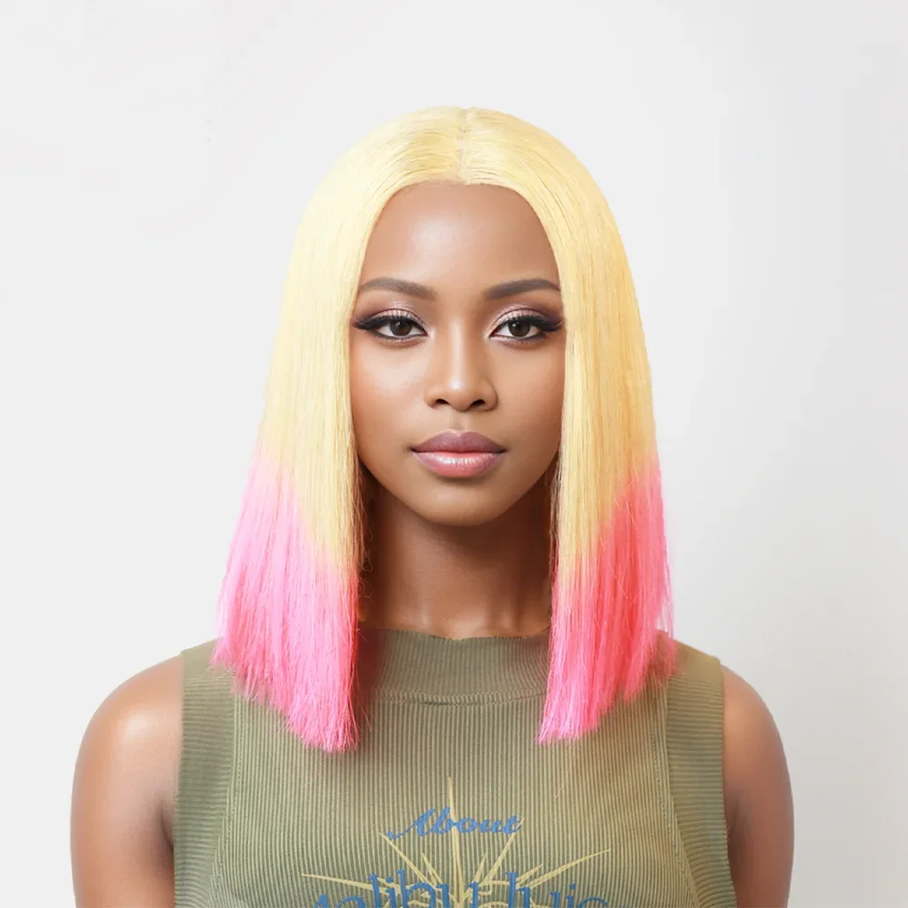 

Ombre Pink Super Double Drawn Short Bob Wigs 2x6 Lace Closure Glueless Human Hair Wig Vietnamese Colored Bob Cut Wigs for Women