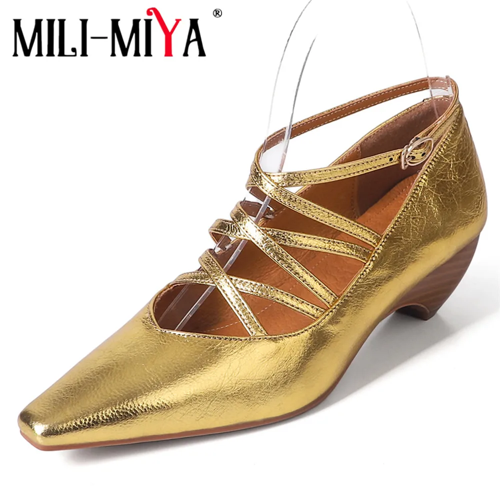 

MILI-MIYA Fashion Strange Thick Heels Women Full Genuine Leather Pumps Pointed Toe Solid Color Plus Size 34-40 Dress Party Shoes