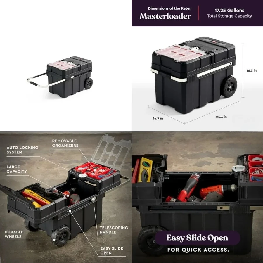 

Resin Rolling Tool Box with Locking System and Removable Bins Perfect Organization and Storage Chest for Power Drill, Tape Meas