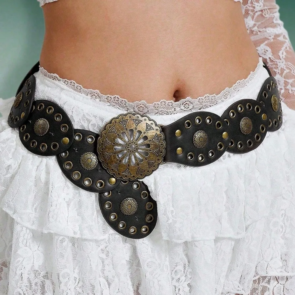 

Retro Design Wide Belt Personality Round Hollow Metal Waist Strap Bohemian Style Western Cowboy Trouser Dress Belts For Women