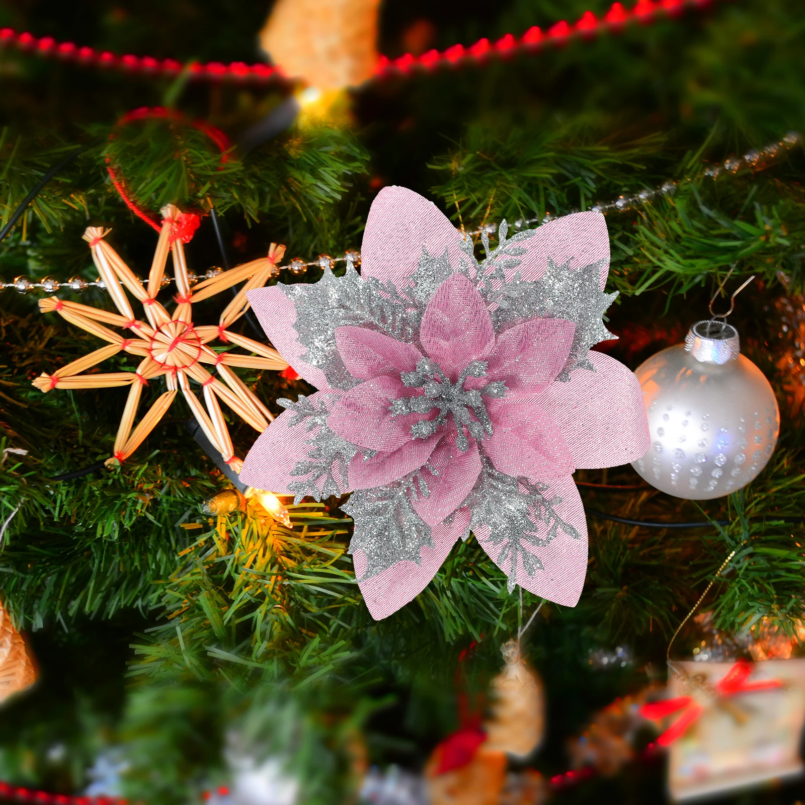 

12pcs Pink Poinsettia Flowers Christmas Christmas Artificial Flower Tree Decorations Reusable Non Fading Glitter Xmas naments