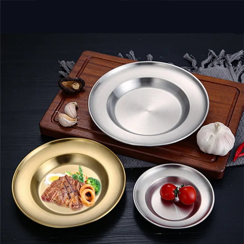 

Stainless Steel Dinner Plates Silver Golden Dessert Cake Snack Dishes Food Storage Tray Western Steak Plate Kitchen Utensils