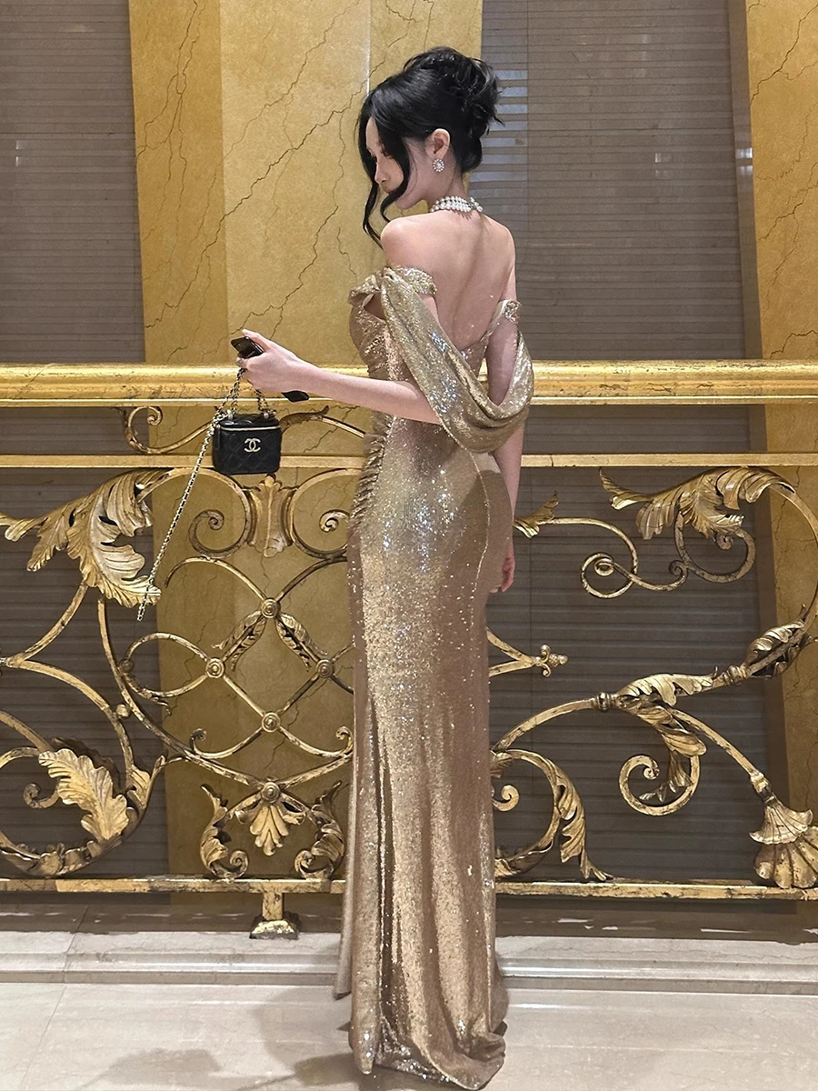 gold sequin maxi dress with split Luxury Party Women Floor-Length cat:newtosale