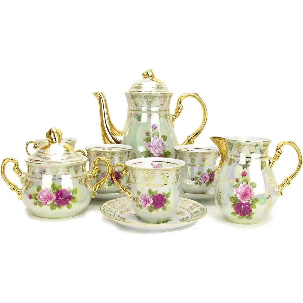 Набор для чая и кофе из 17 предметов Euro Porcelain, винтажный, с розовыми и красными розами, белый перламутровый с цвет
