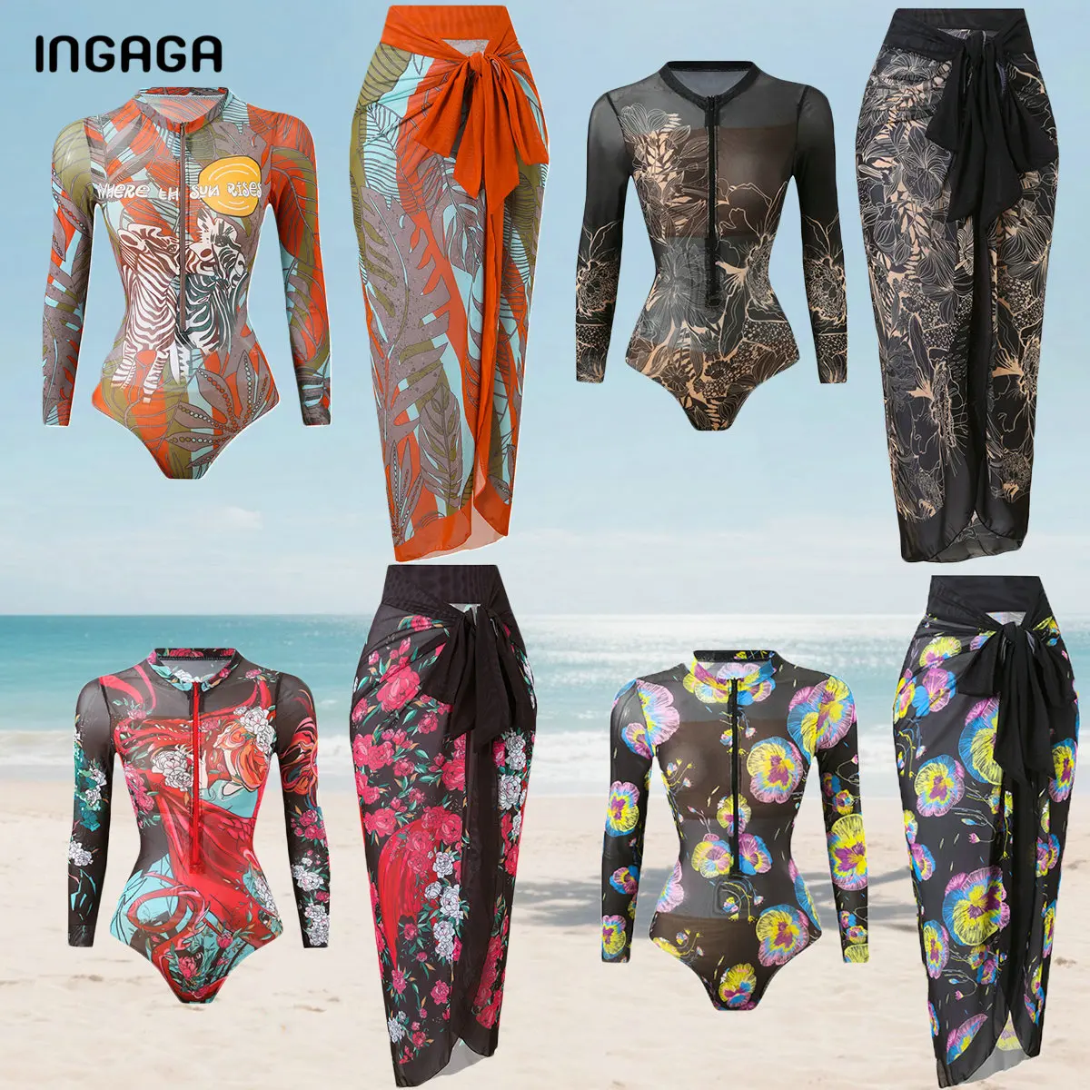 

One Piece mesh Swimsuit zipper high neck with Cover Up Set Retro Bathing Suit for Women Tummy Control Beach Wrap Skirt/Sarong