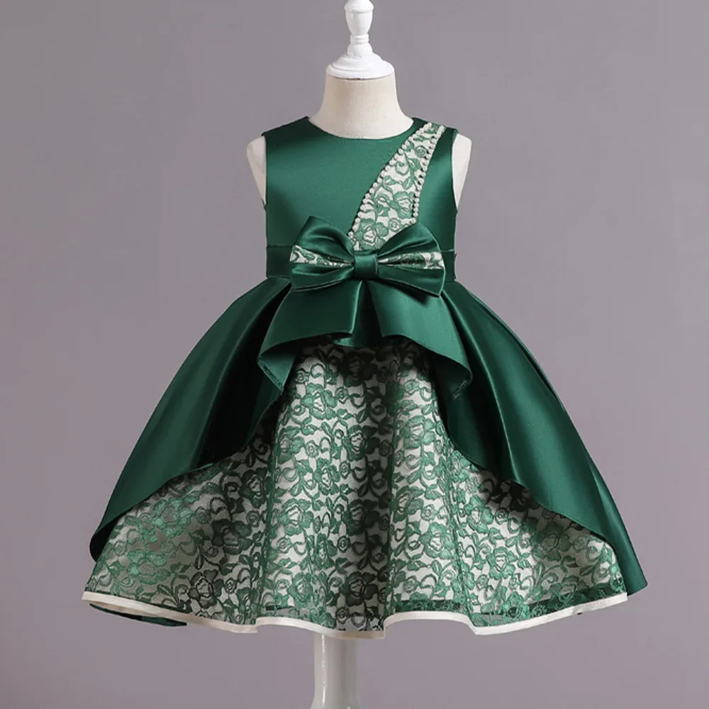 Kid Sleeveless Princess Asymmetric Lace Paneled Dress Bow Embellished Waist Satin Overlay Children Skirt Formal Party Gown Girl