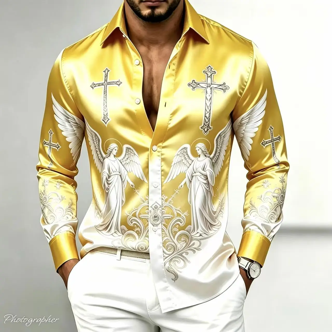 Men's Retro Baroque Printed Satin Silk Shirt Long Sleeved Luxurious Glossy Button up Shirt, Animal Print, Party Long Sleeved Top