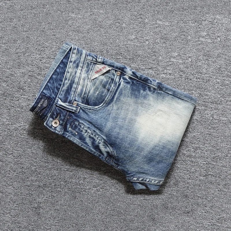 مصمم أزياء الرجال الجينز عالية الجودة الرجعية الضوء الأزرق تمتد سليم صالح ممزق الجينز الرجال أزرار Y2K خمر الدنيم السراويل أوم #3