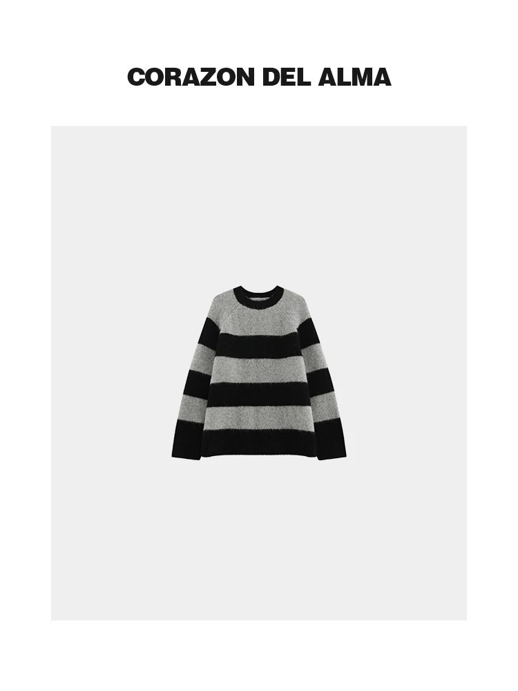 

Ретро-свитер из смесовой шерсти альпаки с широкими цветными полосами, свободного кроя, в стиле оверсайз, H5503, комфортный, мягкий, зимний топ