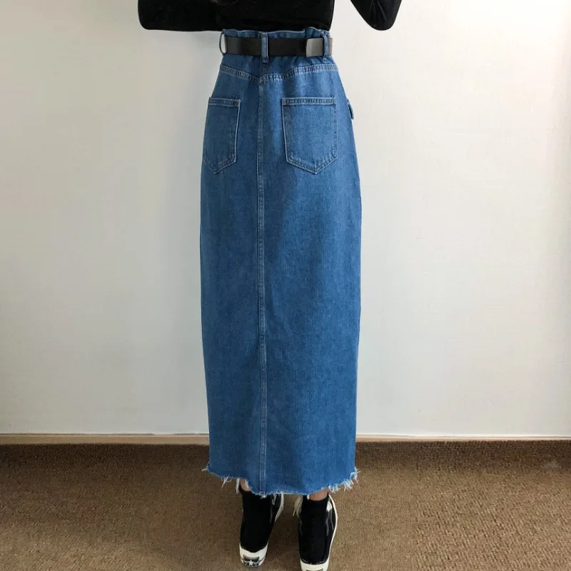 Retro High Waist A-Line Denim Skirt Women's Midi Skirt Front Slit Design Slimming Cotton Fabric Commute Sle Long Skirt