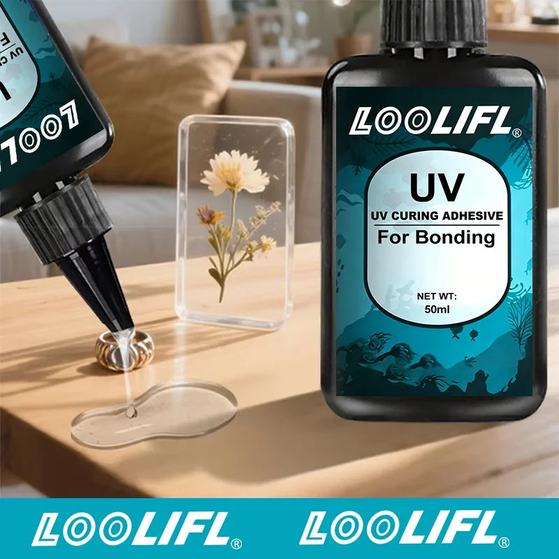 Loolifl Uv Curing Adhesive 50ml, Upgraded Version of Strong Uv Glue, Suitable for Bonding Glass, Plastic, Acrylic, Metal, Rubber, Ceramics, and Wood, Quickly Hardens under Uv Light, High-Strength Transparent Glue, Suitable for DIY Crafts, Jewelry Making, Glass Repair, Plastic Models, Office and Home Use