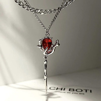 Y2K Double Layer Red Zircon Rose Pendant Necklaces Layered Flower Stone Chain Necklace Irregular Floral Aesthetic Jewelry Gifts