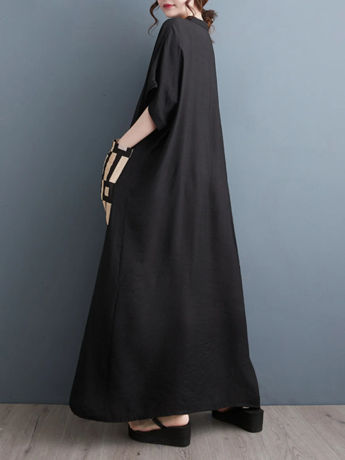 Été nouvelle grande taille minceur V-Ne ort Sve Patchwork longue coton lin Dr Bla jupe trapèze trajet Sle T-shirt...