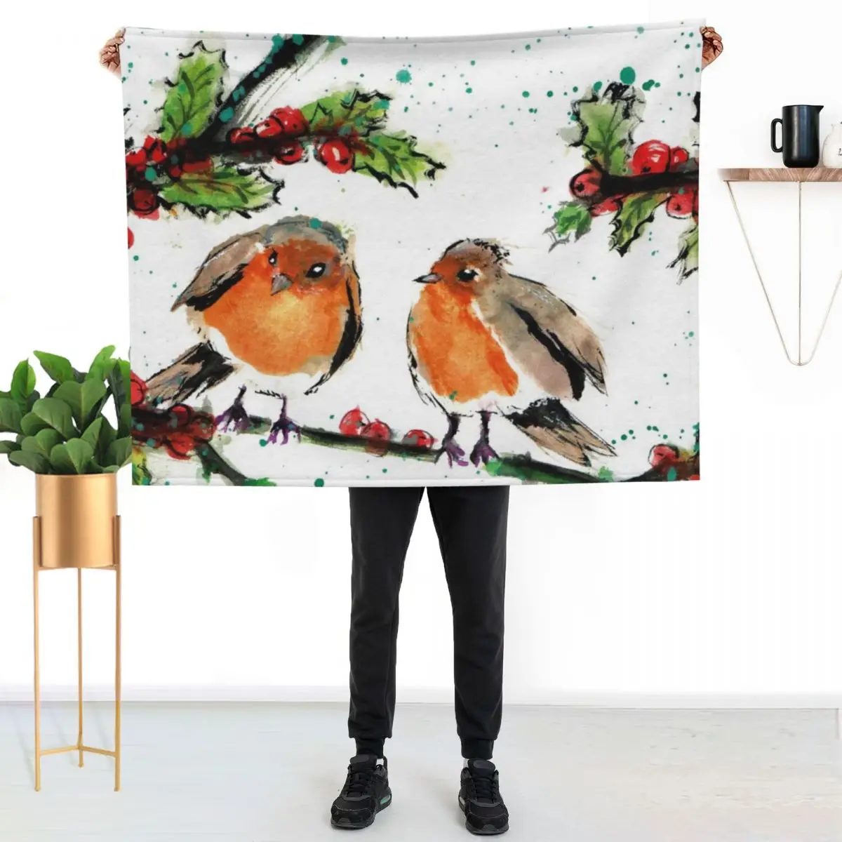 The Christmas Robins Throw Blanket wednesday Furry Plush Decoratives funny gift blankets ands Blankets