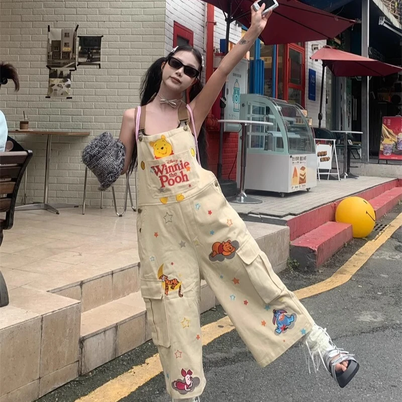 Original New Women's Jumpsuit 2025 Summer Cartoon Embroidered Tooling Overalls Retro Heavy Industry Casual Cropped Pants Ladies