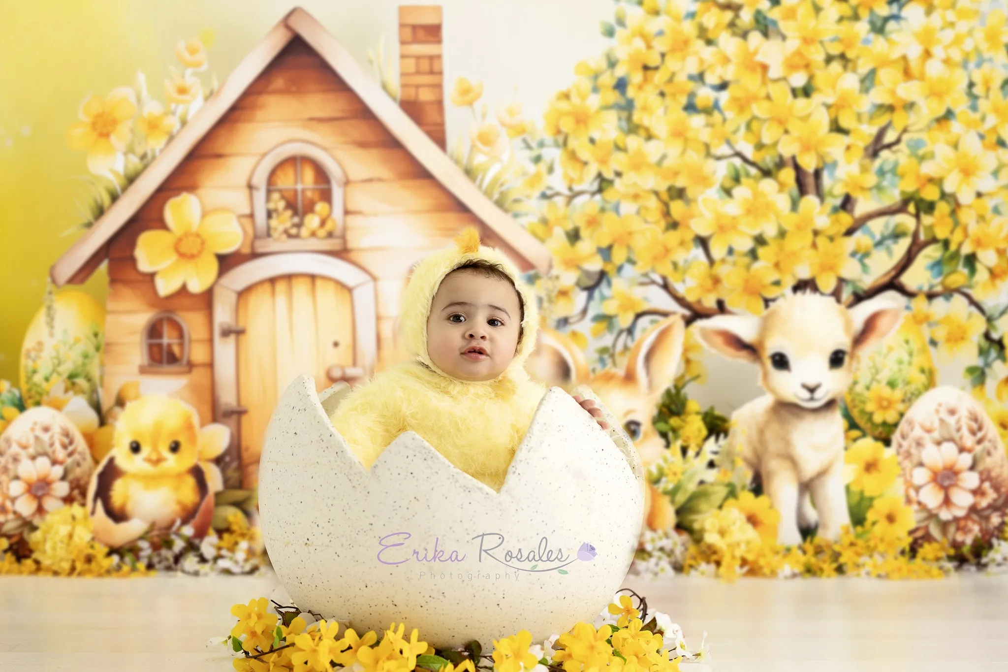 Baby Shower Background Birthday Decoration Yellow Flowers Cute House Pastoral Scenery Rabbit Lamb Portrait Backdrop Photography