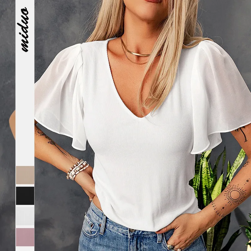 

Women Summer Ruffle Flutter Short Sleeve Slim-Fitted T-Shirt Classic V-Neck Solid Color Ribbed Knit Casual Blouses Top 2023 New