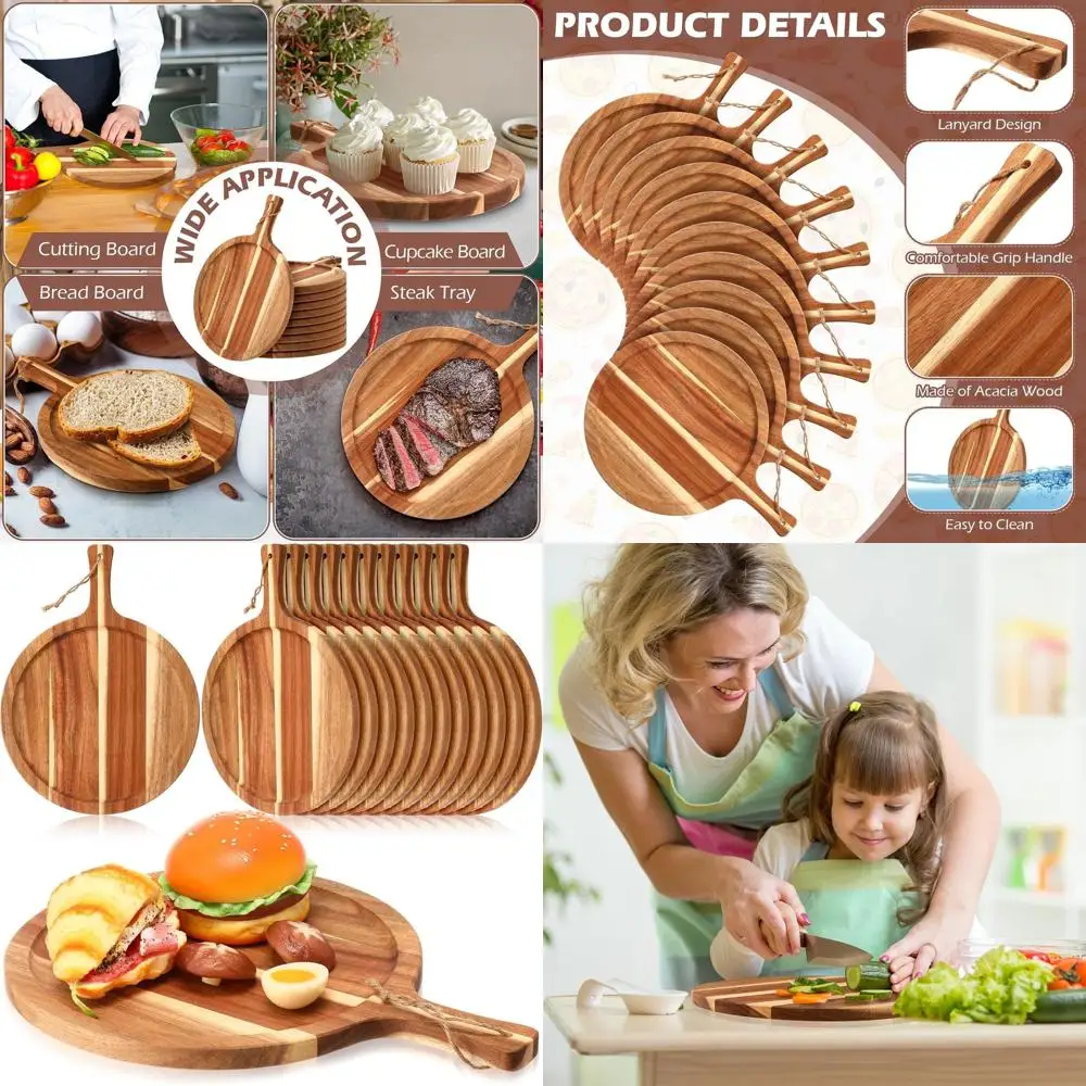 

Set of 12 Round Acacia Wood Serving Trays with Handles, Ideal for Kitchen Use and Charcuterie Platters