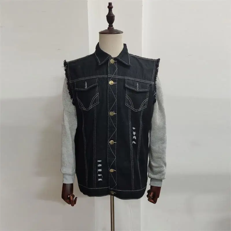 Men's Denim Vest 2024 Spring And Autumn New Harajuku High Street Do Old Lapel Casual Large Size Vest