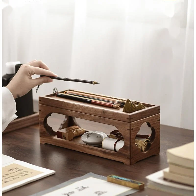 

Black Walnut Organizer Shelf Four Treasures Of Study Storage Box Split Design Display Stand Brush Inkstone Desk Organizer