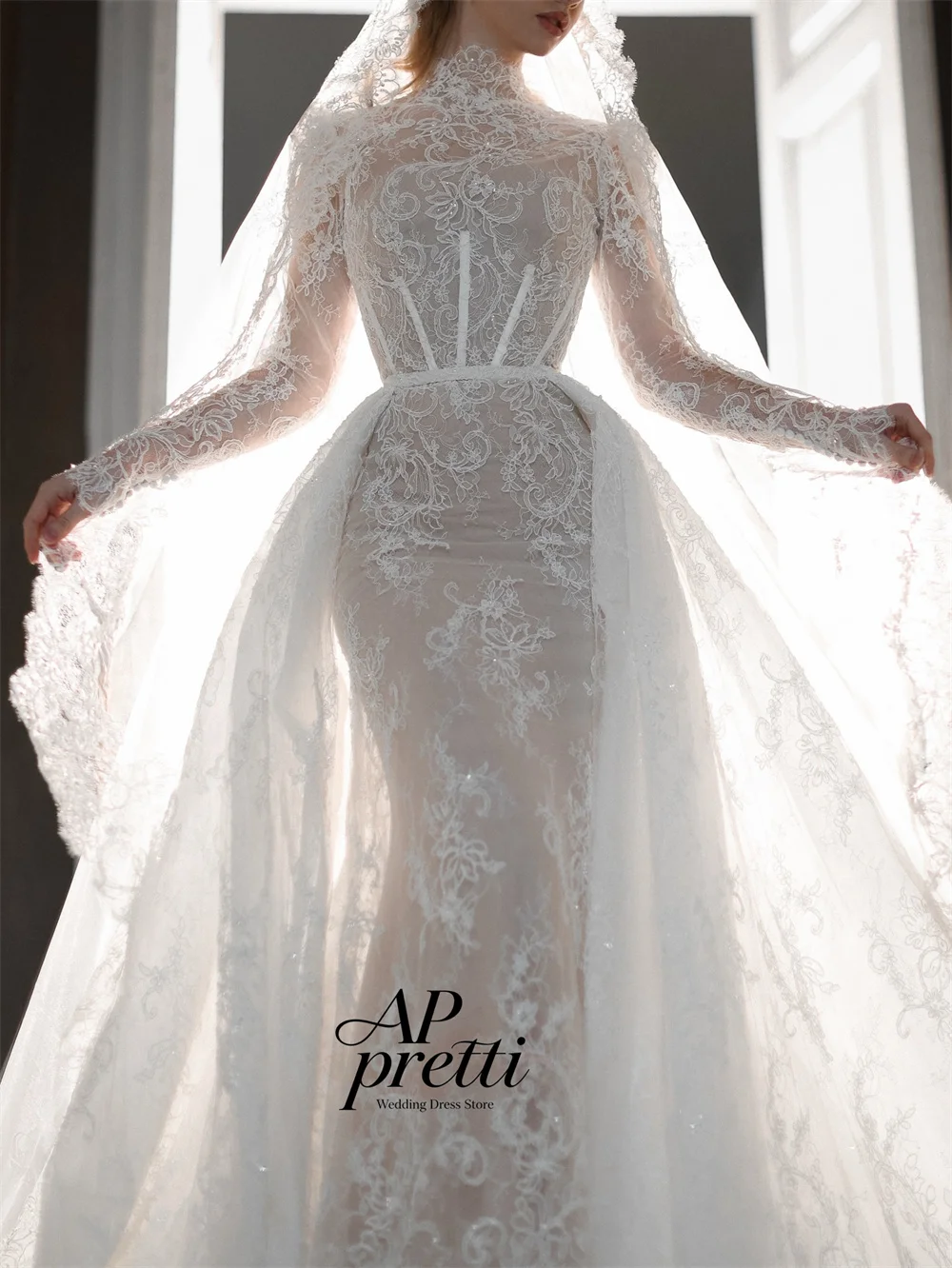 AP pretti Luxury A-line Detachable Train Wedding Dresses For Woman High Neck Long Sleeves Full Lace Bridal Gown Customized ﻿