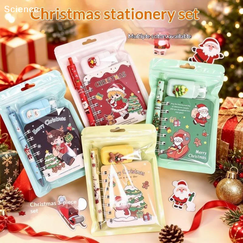 Christmas Stationery Set 3 In 1 Notebook Gel Pen Christmas Keychain Santa Snowflake Design Kids Gift