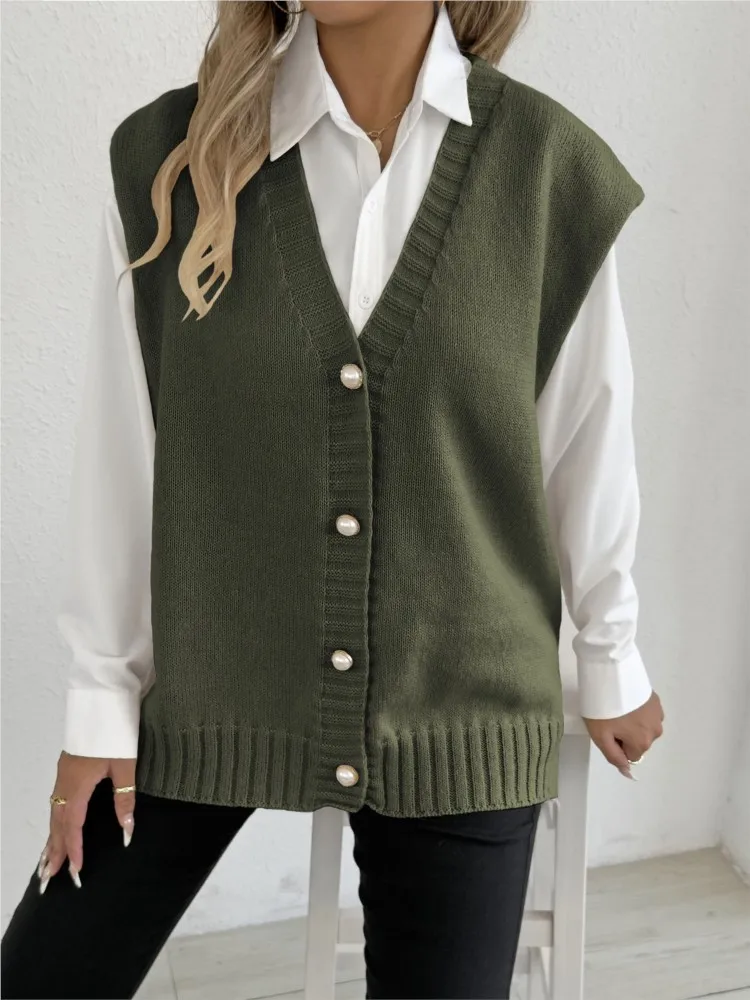 

Women's Knitted Sweater Cardigan Vest New Knitwear All-Match Tops V Neck Sleeveless Vintage Retro Ropa De Mujer Vest Sweaters