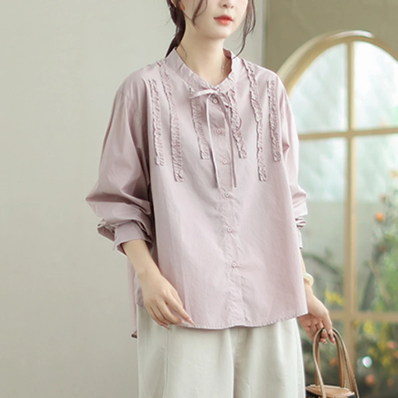 

Women Long Sleeve Casual Shirt New Arrival 2025 Autumn Vintage Style Stand Collar Solid Color Female Cotton Tops Shirts T713