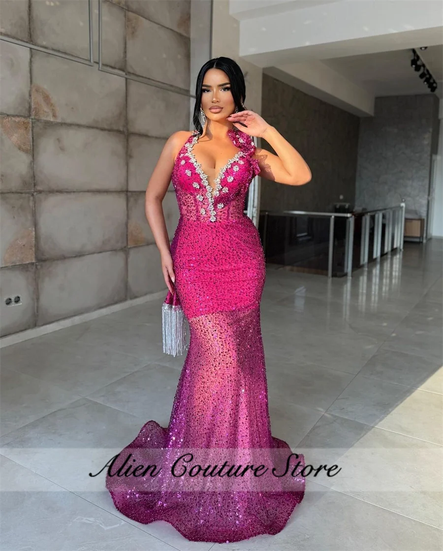 Luxo Fúcsia Sereia Vestido de Noite 2024 Beading Cristal Sequins Birthday Party Vestidos Fancy Clothes Mulheres Halter Customized