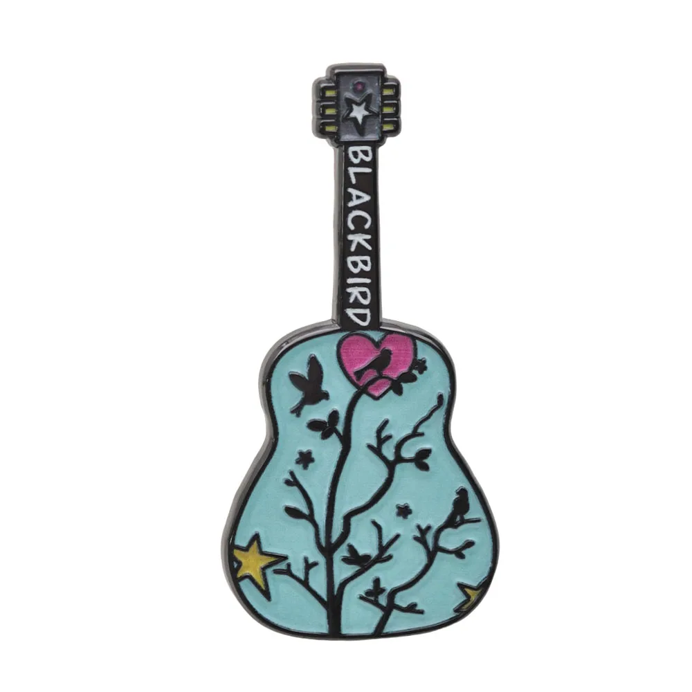 Blackbird Guitar Brooch Creative Light Blue Acoustic Guitar Lapel Pin Pink Heart Bird Tree Metal Badge Music Lover Jewelry Gift