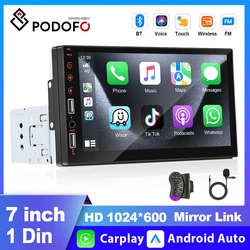 Podofo-REPRODUCTOR Multimedia para coche, Radio de 7 pulgadas, 1 Din, Audio estéreo, Bluetooth, soporte Mirror-Link, cámara de visión trasera, soporte inalámbrico carplay