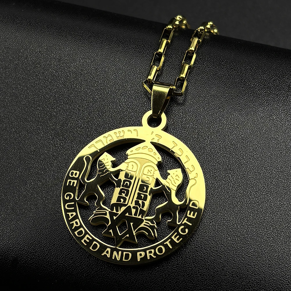 Jewish Hebrew Ark of the Covenant Lions of Judah Pendant Necklace for Women Men Stainless Steel Israel David Star Chain Jewelry