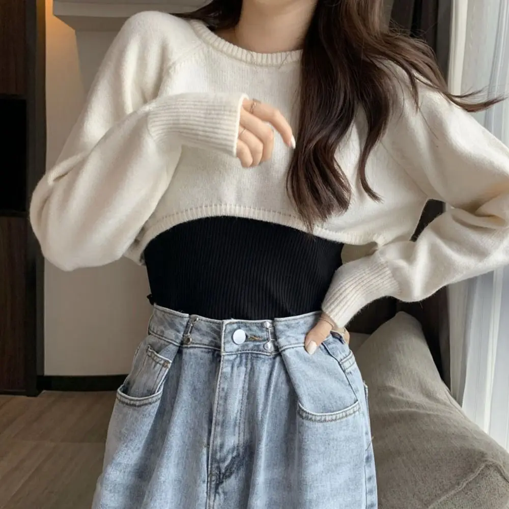 

Leisure Long Sleeve Knit Short T-shirt Loose Korean Style Crochet Knitwear Autumn Sweater Cover Up Crop Top Autumn Spring