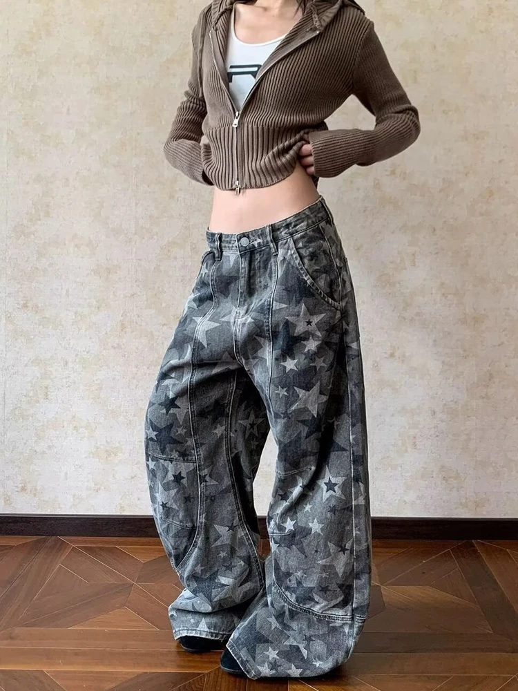 

Retro American Star Print Camouflage Wide Leg Jeans Women's Autumn Winter Loose Slimming Denim Pants High Waist Pocket Detail