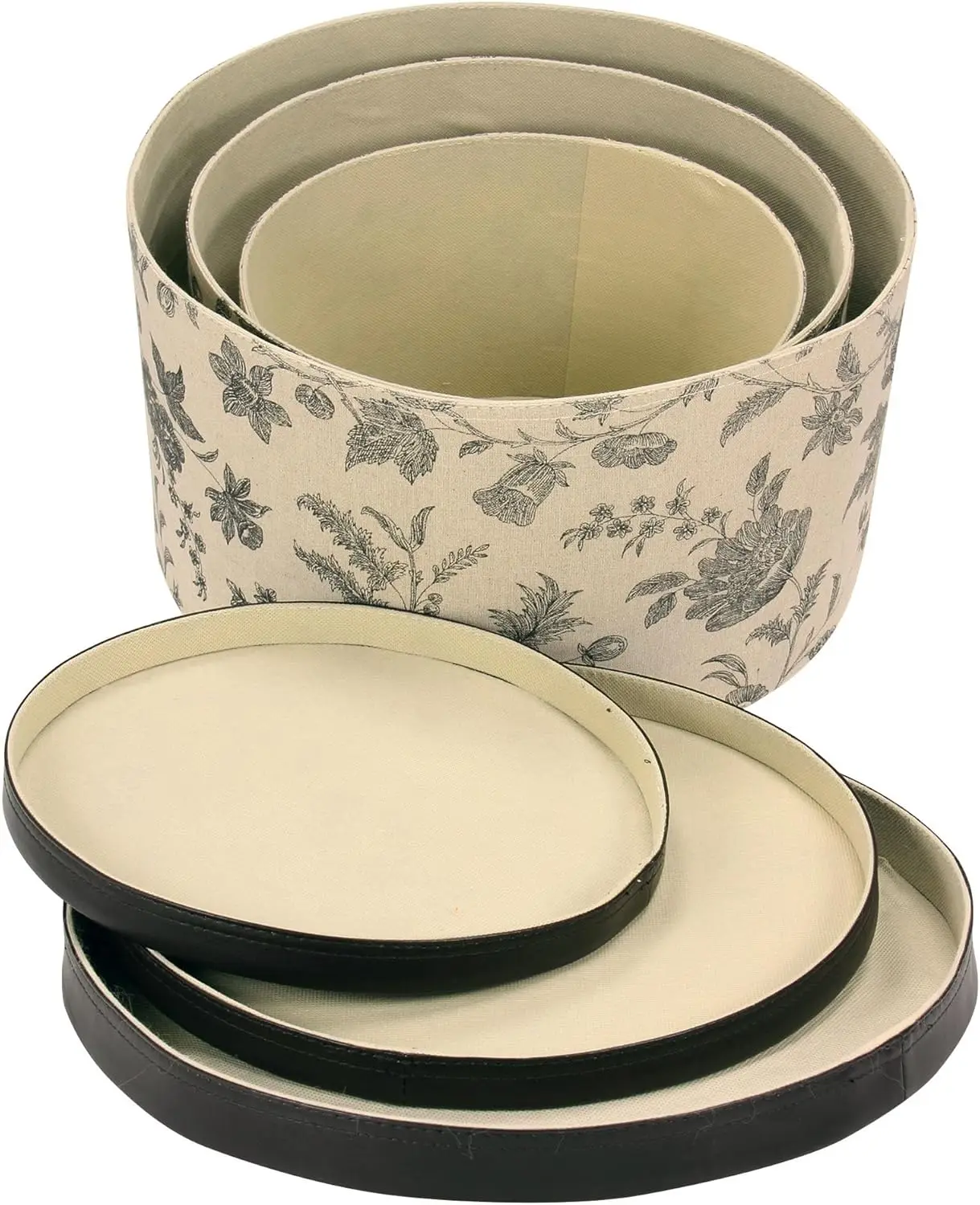 3-Piece Hat Box Set with Faux Leather Lids, Floral Pattern