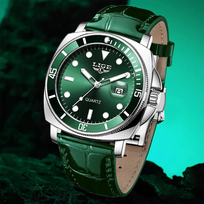 LIGE Neue Original Luxus-Armbanduhr mit grünem Lederband für Herren, modische Business-Quarz-Armbanduhr, 3ATM wasserdicht, Chronograph für Männer