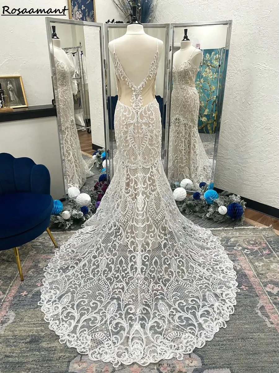 Gaun pernikahan tanpa lengan punggung terbuka sampanye gaun pengantin wanita applique tali Spaghetti gaun pengantin Negara renda