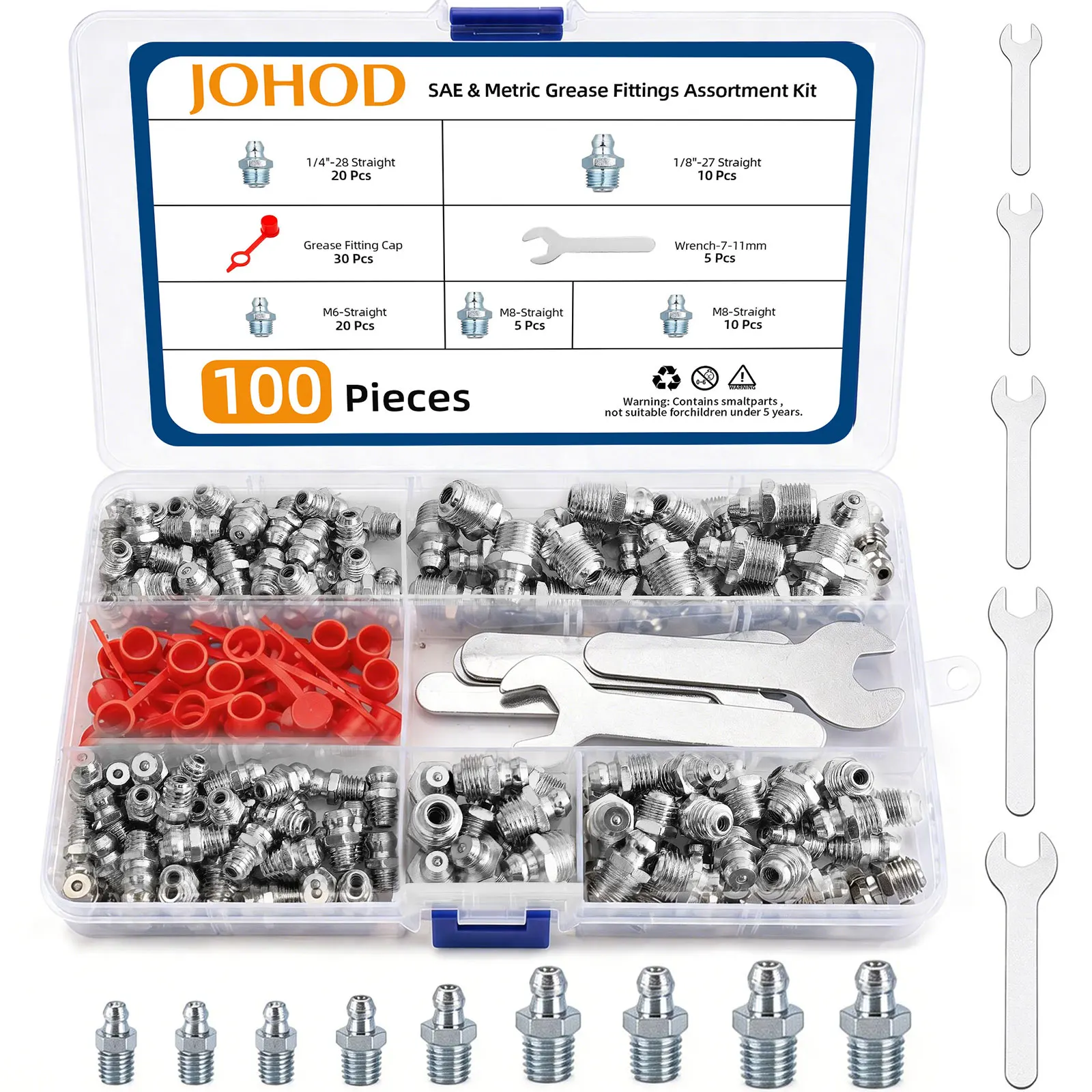 100PCS Grease Fittings Assortment Kit, SAE & Metric Grease Zerk Fittings 1/4