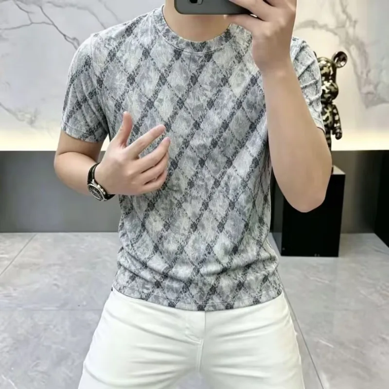Trendy Summer Plaid Short Sleeved T-shirt for Men Round Neck Casual Social T-shirts Social Streetwear Tee Top Men Clothing 2026
