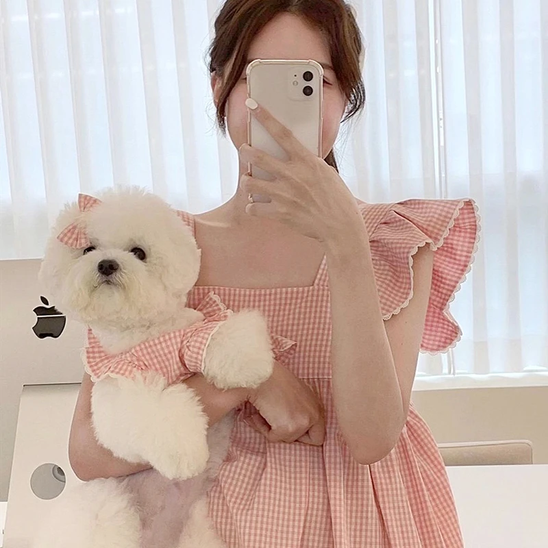 Ins PinkPplaid Flying Sleeve Pet Princess Skirt Teddy Bichon Pomeranian Puppy Small Dog Cat Dresses Summer Dogs Clothes 강아지 여름옷