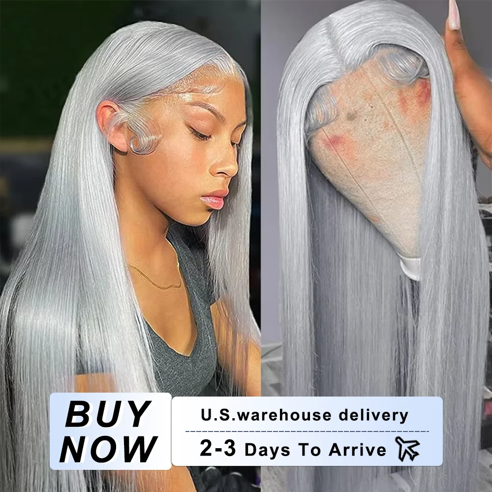 

220% Straight Silver Grey 13x6 HD Lace Front Wig Human Hair Pre Plucked Transparent Lace Frontal Wigs 30 40Inch Human Hair Wig