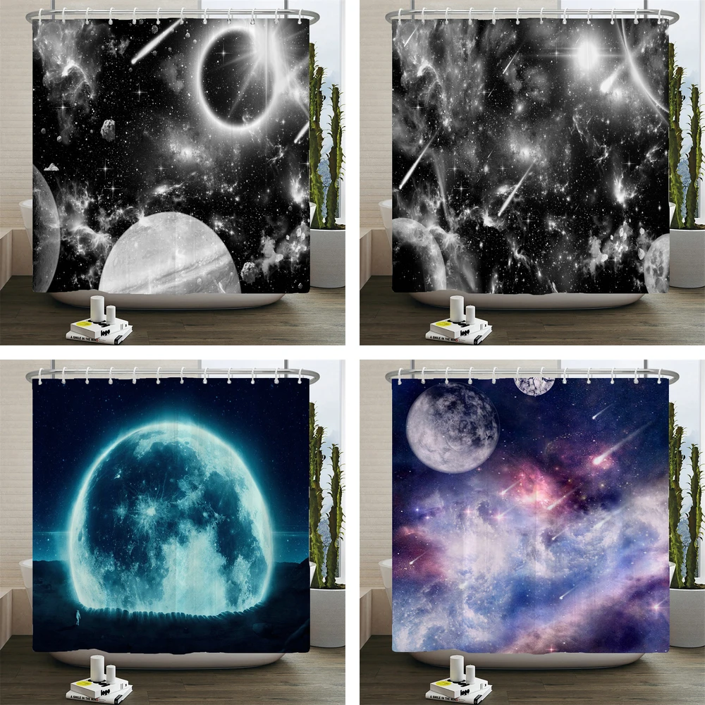 Full Moon Shower Curtain Starry Sky Universe View Dreamy Mystic Bathroom Curtain Waterproof Fabric Home Decor Curtain With Hooks