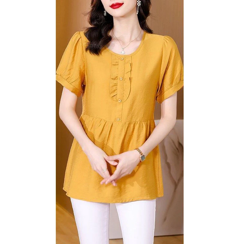 2024 Summer Women\'s Korean Fashion Ruffled Short Sleeve Blouse Office Lady Elegant Commute Shirt Casual Solid O Neck Loose Tops