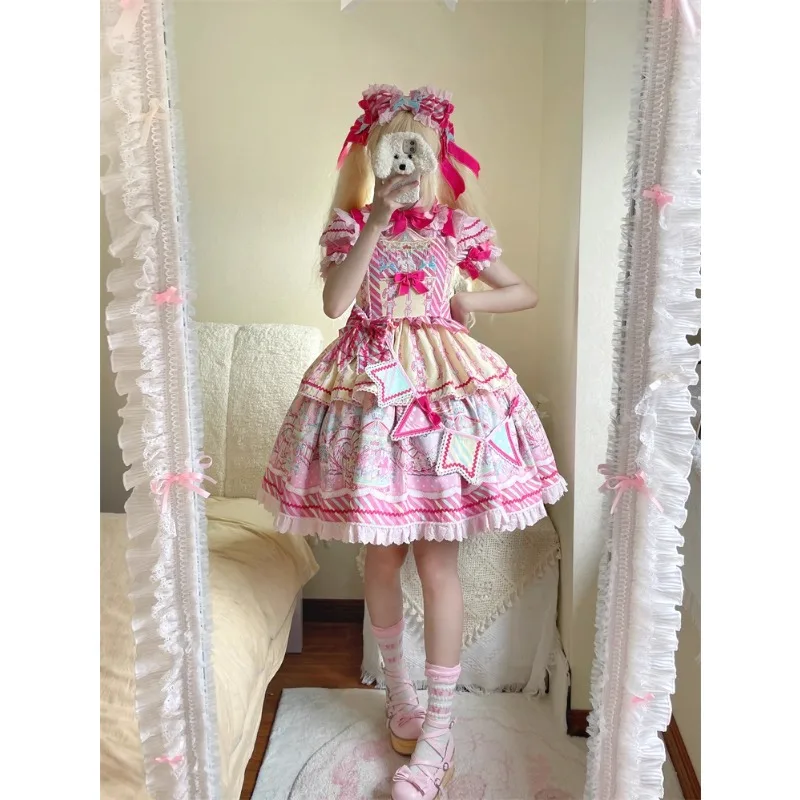 JSK الحلو لوليتا فستان لطيف Kawaii القوس الكرتون المطبوعة فساتين الأميرة قصيرة الأكمام قميص KC اكسسوارات مجموعات للنساء الزي