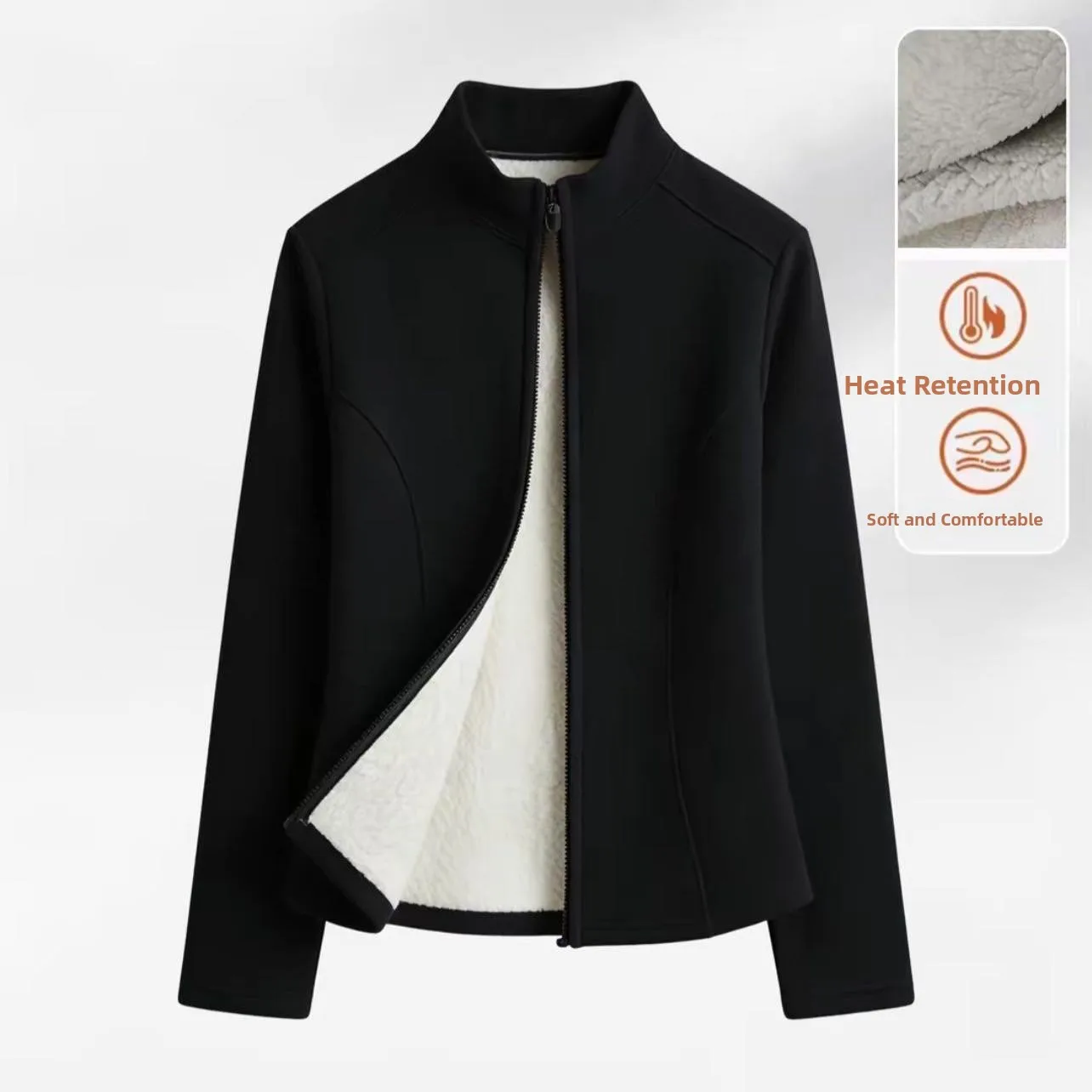 Lamb Velvet Invisible Zipper Short Jacket Women's Autumn Winter Outerwear Slim Fit Fleece Lined Thick Warm Yoga Collar Top