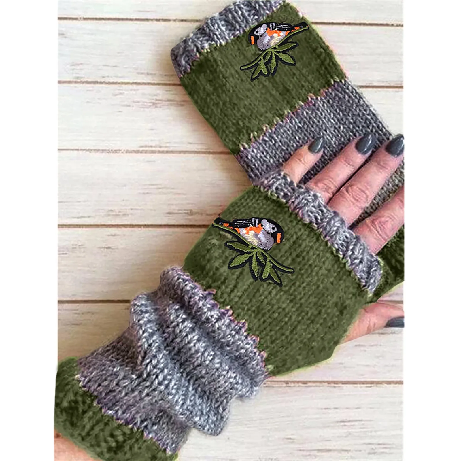 Embroidered Bird Gloves Women\'s Cotton Fingerless Gloves Knit Block Splice Mittens Women\'s Fingerless Gloves Christmas Gift